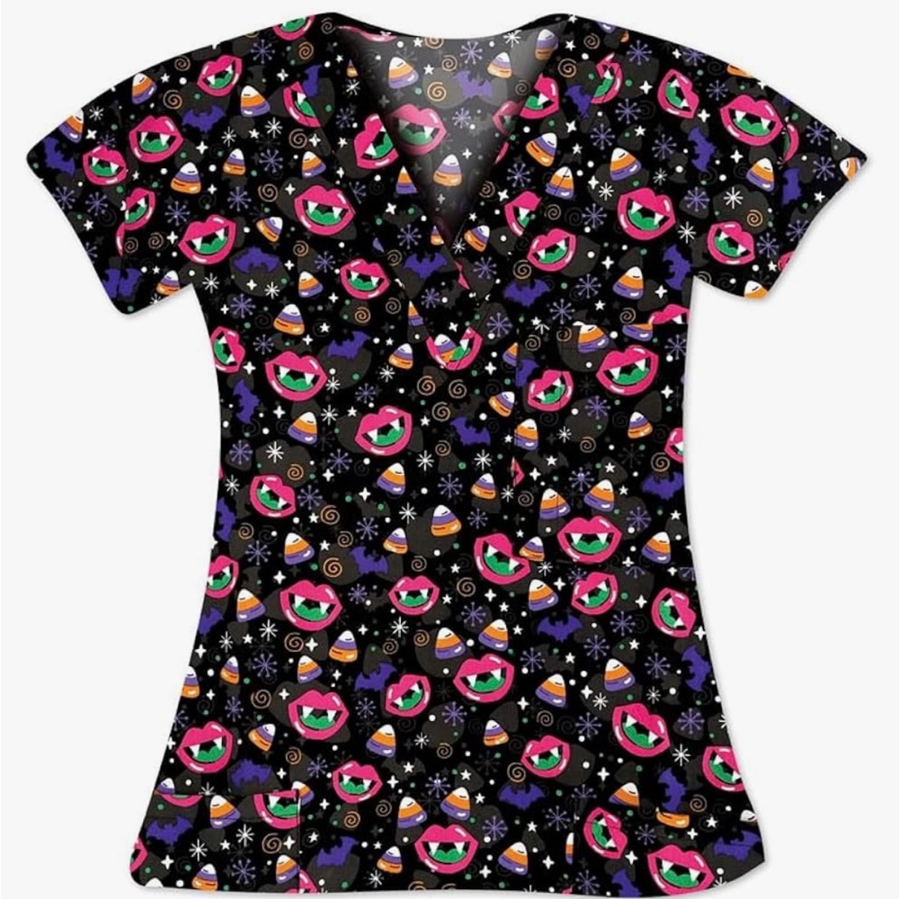 Women's Halloween Scrub Top. Black printed S-Small. Breast & Two Front P…
